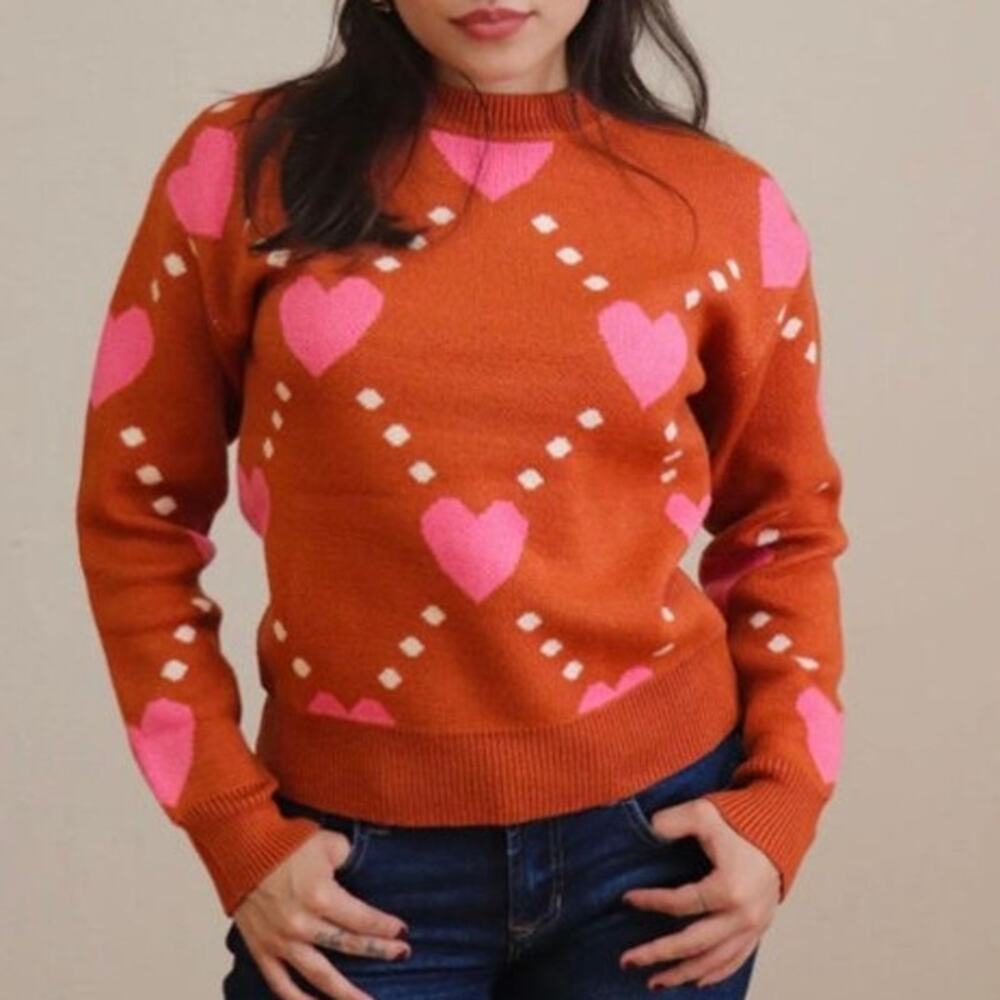 THML Burnt Orange Pink Heart Argyle‎ Knit Sweater Women's Pink Love XL